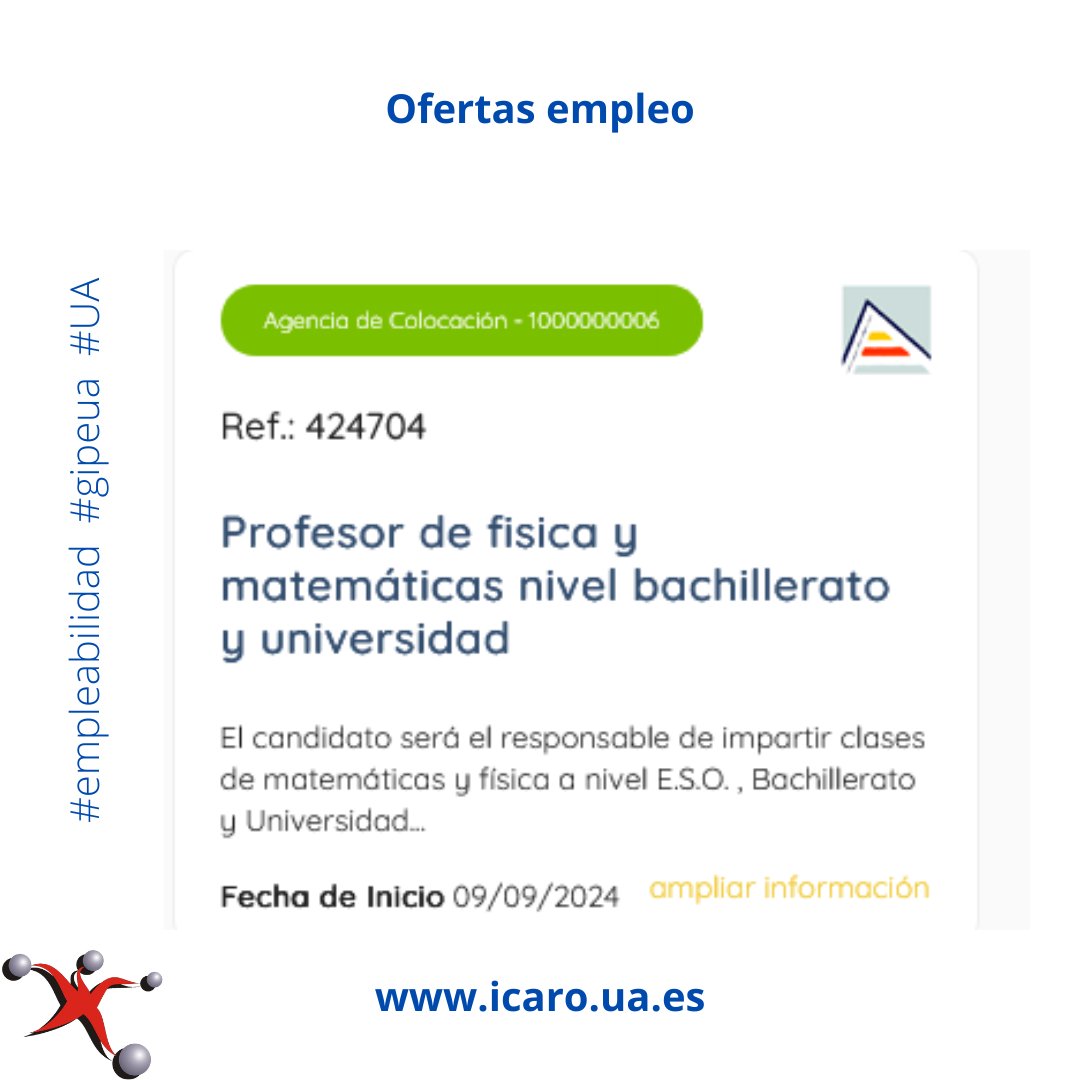 GIPE (@gipeua) on Twitter photo Tablón de ofertas de Empleo:
Profesor/a Física y Matemáticas (ESO, BACH y Universidad) - Alicante
gipe.ua.es/es/tablon-de-o…
<a href="/Ciencias_UA/">CienciasUA</a> <a href="/DelcienciasUA/">Delegación Estudiantes de Ciencias UA</a> <a href="/DimatesUA/">DimatesUA</a> <a href="/Nusgrem_UA/">NUSGREM UA</a> <a href="/UA_Universidad/">Universidad de Alicante UA</a> <a href="/CentroEmpleoUA/">Centro de Empleo | UA</a> <a href="/_Alumni_UA/">AlumniUA</a> #empleabilidad #gipeua #UA Tablón de ofertas de Empleo:
Profesor/a Física y Matemáticas (ESO, BACH y Universidad) - Alicante
gipe.ua.es/es/tablon-de-o…
<a href="/Ciencias_UA/">CienciasUA</a> <a href="/DelcienciasUA/">Delegación Estudiantes de Ciencias UA</a> <a href="/DimatesUA/">DimatesUA</a> <a href="/Nusgrem_UA/">NUSGREM UA</a> <a href="/UA_Universidad/">Universidad de Alicante UA</a> <a href="/CentroEmpleoUA/">Centro de Empleo | UA</a> <a href="/_Alumni_UA/">AlumniUA</a> #empleabilidad #gipeua #UA