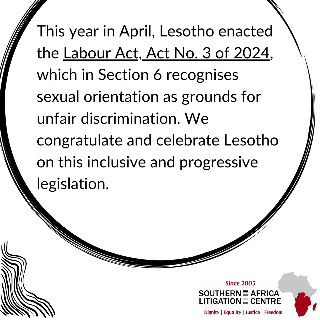 Follow_SALC's tweet photo. Lesotho’s progressive Labour Act, enacted this year (2024), sets a great example of an inclusive work environment where all workers can equally enjoy protection from unfair discrimination. #Lesotho #InclusiveLegislation #WorkersRights #SOGI #Africa https://t.co/7E3Irn0jJp