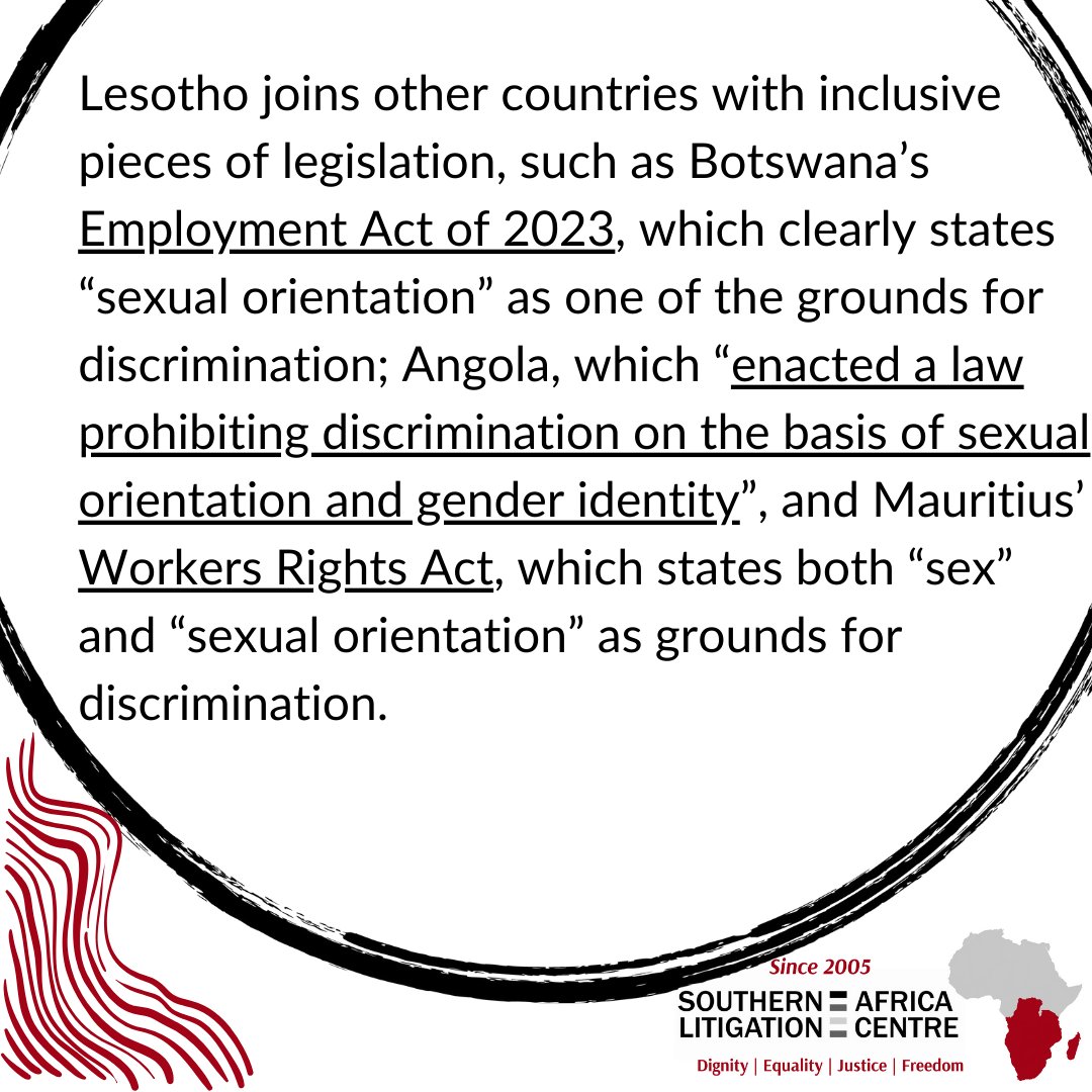Follow_SALC's tweet photo. Lesotho’s progressive Labour Act, enacted this year (2024), sets a great example of an inclusive work environment where all workers can equally enjoy protection from unfair discrimination. #Lesotho #InclusiveLegislation #WorkersRights #SOGI #Africa https://t.co/7E3Irn0jJp
