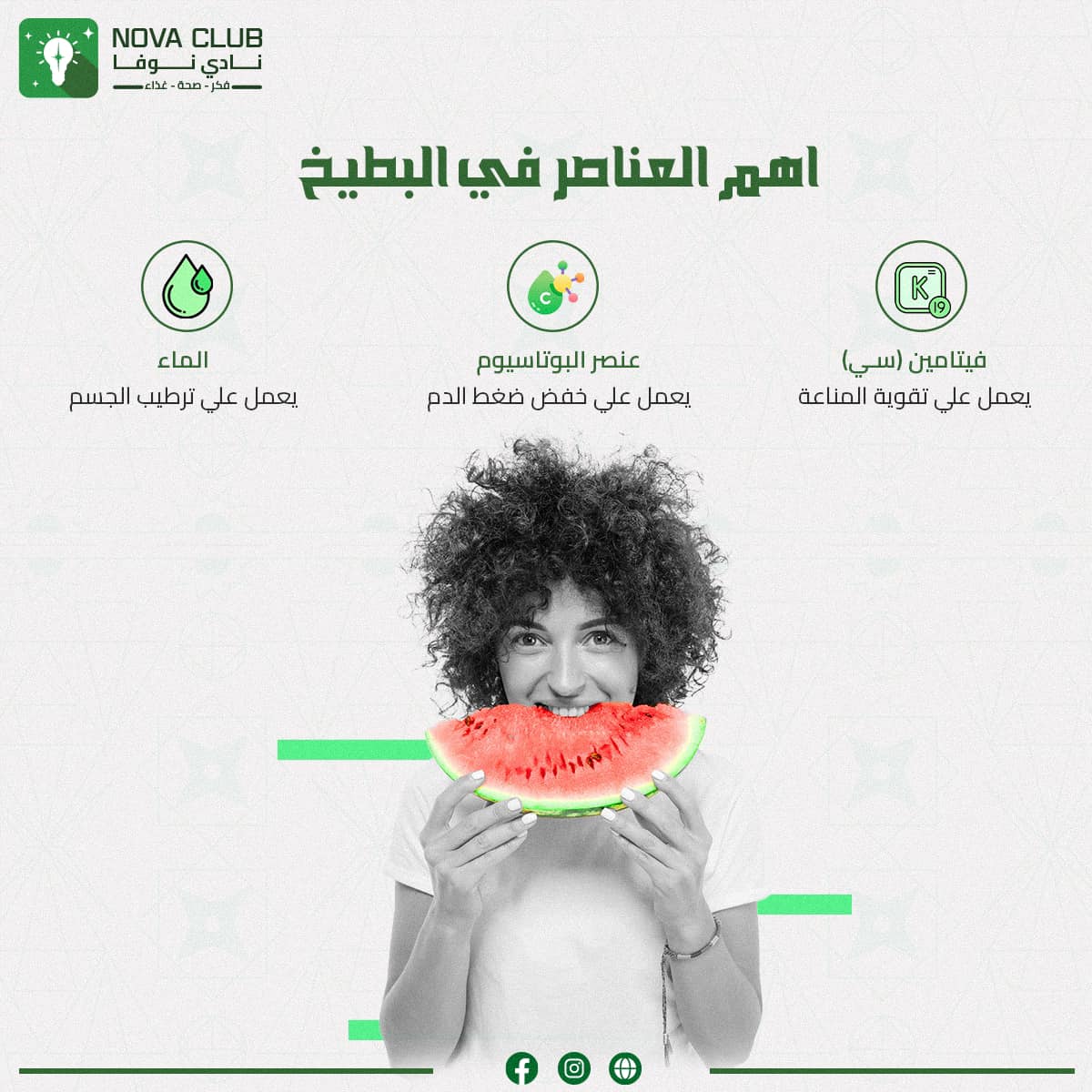novaaclub's tweet image. كلنا في فصل الصيف بنحب نأكل الفواكة اللي فيها نسبة ترطيب عالية وخصوصاً البطيخ📷
تعرفوا علي سر فوائد البطيخ الصحية للجسم المتوفر فيه الكثير من الفيتامينات والمعادن📷📷
#نادي_نوفا
#فكر_صحة_غذاء