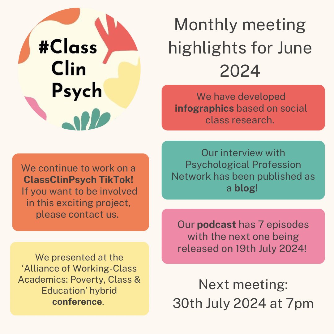 We are super late sharing our June monthly meeting highlights but here it is! In short, we have been talking about being working class in psychology on TikTok, at a conference, in blog posts, on podcasts and through our social media accounts. #ClassClinPsych