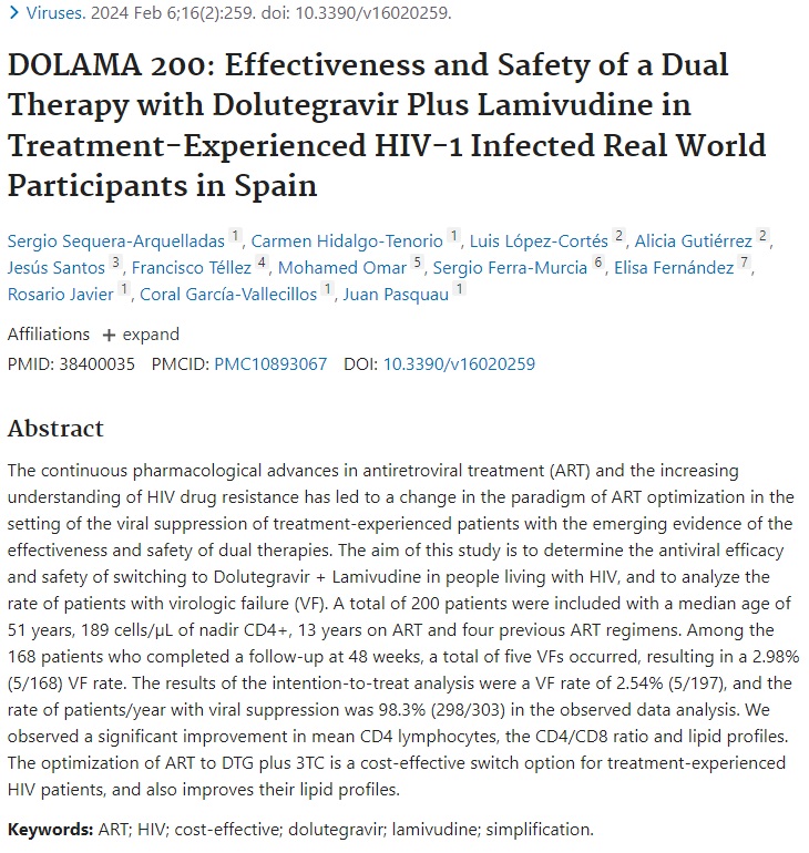 Elisa Fernández <a href="/MI_HUPoniente/">Medicina Interna. Hospital Universitario Poniente</a> #HUnivPoniente  publica en <a href="/MDPIOpenAccess/">MDPI</a> estudio DOLAMA 200 sobre eficacia y seguridad de terapia dual con dolutegravir+lamivudina en pacientes con VIH-1 en tratamiento en España pubmed.ncbi.nlm.nih.gov/38400035/ <a href="/mendeley_com/">Elsevier | Mendeley</a> <a href="/saludand/">Consejería de Salud y Consumo</a> <a href="/FProgresoysalud/">Fundación Progreso y Salud</a>