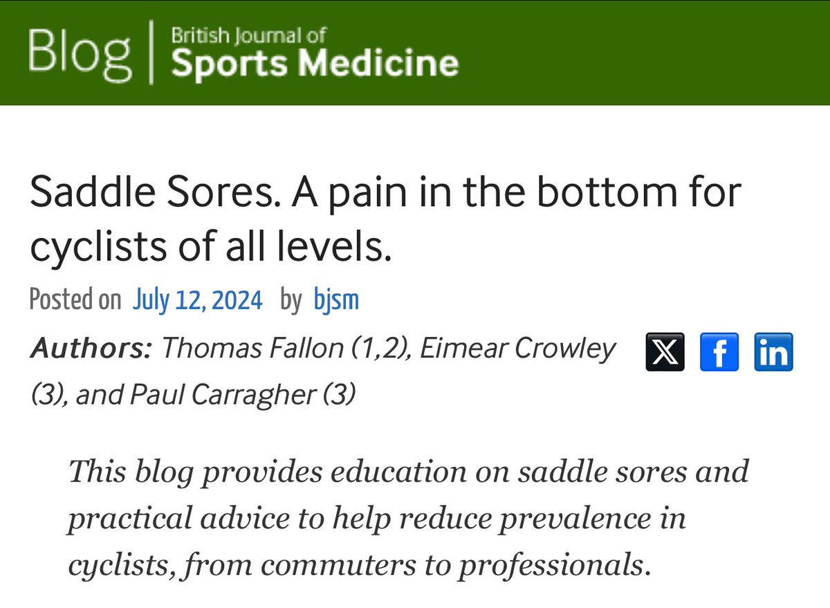 Saddle Sores. A pain in the bottom for cyclists of all levels. 🚴‍♂️ 

Recent <a href="/BJSM_BMJ/">British Journal of Sports Medicine (BJSM)</a> blog on saddle sores developed in collaboration with <a href="/CyclingIreland/">Cycling Ireland</a> &amp; <a href="/sportireland/">Sport Ireland</a> Institute.

Start with the basics 🧼🤸🏋🏼📈

go.shr.lc/3WpN5Lq