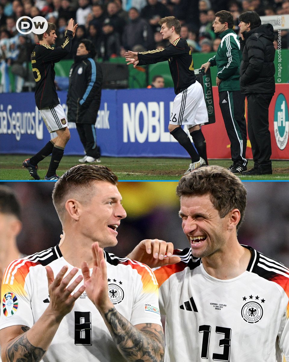 dw_sports's tweet photo. Thomas Müller and Toni Kroos both made their Germany debuts on the same day back in 2010.

Now, 14 years later, the national team bids farewell to both football legends. 🇩🇪💔 https://t.co/42paze4lsU