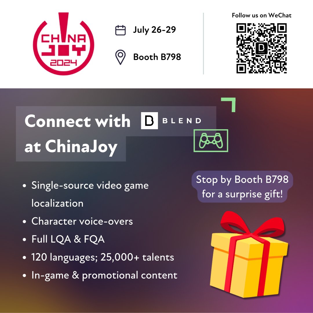 BLENDLocal's tweet photo. Stop by and say hi at ChinaJoy 2024 in Shanghai,

Our team members Ann, Semi, and Silvie will be your guides.

Have questions on gaming localization and voice-over too? 

We've got answers and a small surprise, just for you 🎁 https://t.co/I75SPMkflB