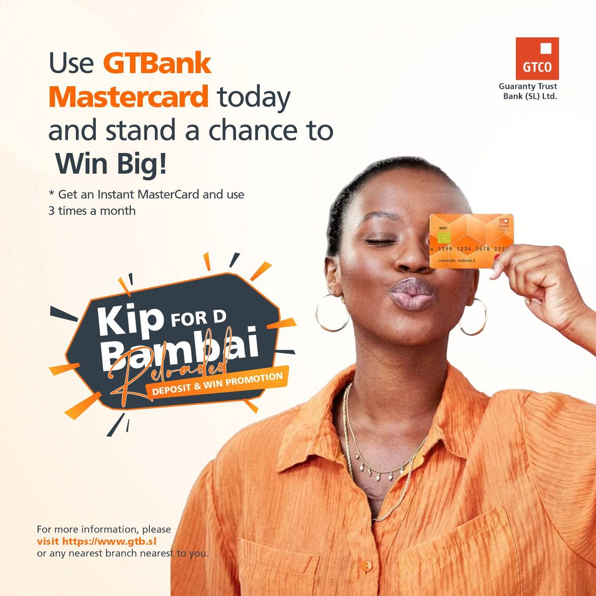 Sierraloaded's tweet photo. Kip For D Bambai and win great prizes every month.

You stand a chance to win a brand new Okada, bag of rice, and other amazing prizes when you use the GTBank Mastercard. 

Simply get an Instant Mastercard at any of GTBank branches and use it 3 times a month. 

#GTBankSL
#KipForDBambai