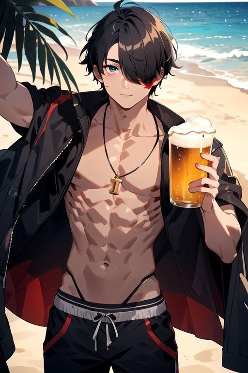 tranquilo_r35's tweet photo. 海の日にビーチでビールを飲むホッくん🍺
#ホリク絵　#AIイラスト
@ho_lick https://t.co/Vu4BGMp4aN