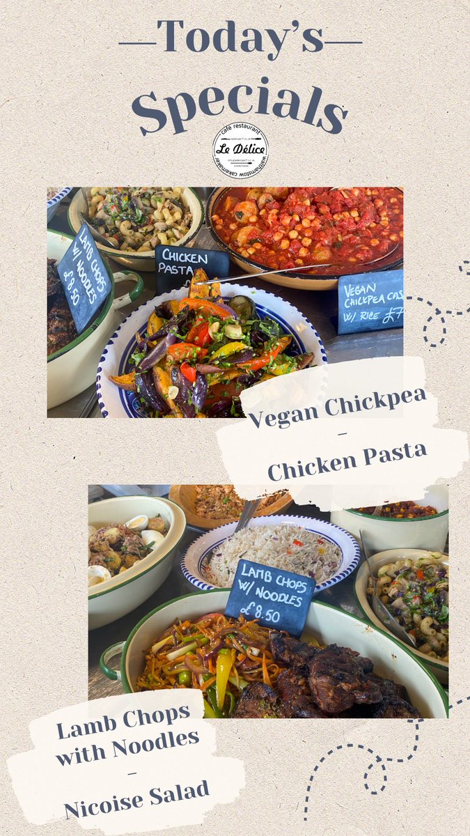 ⭐️Today’s Specials At Le Délice 🍽️ #enjoy #homemade #meal #eatlocal with #chickenpasta #veganchickpea #lambchops #noodles #nicoisesalad and many more
