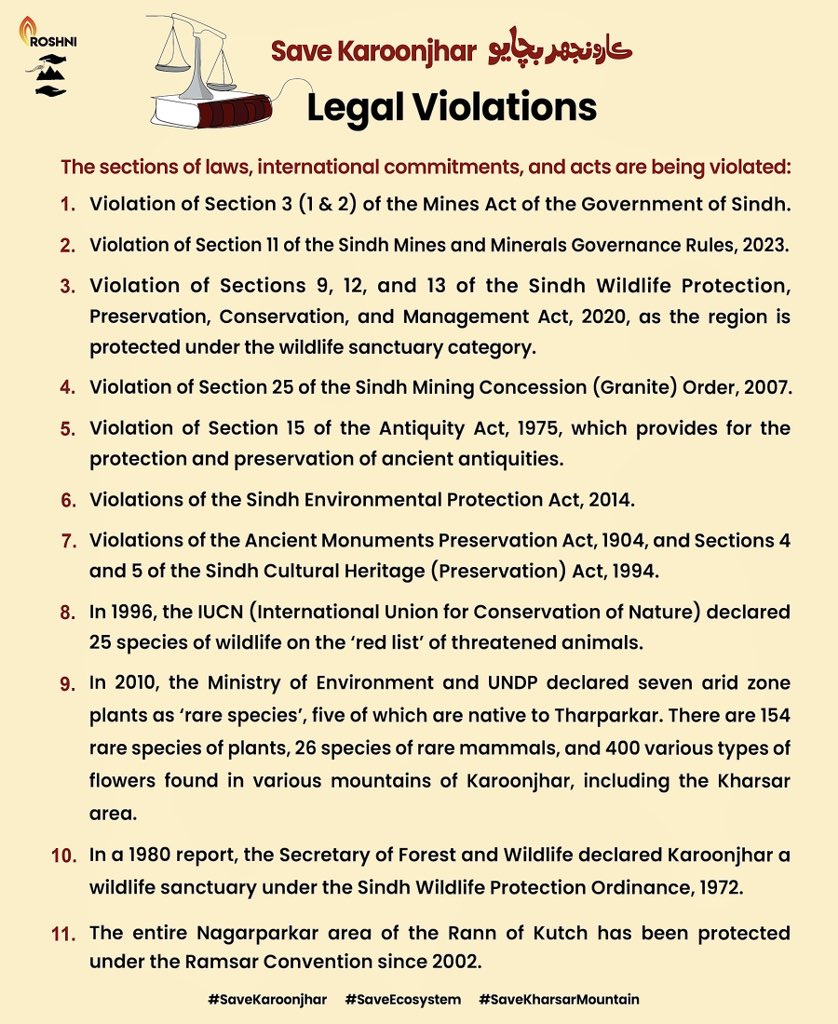 Halarnawaz's tweet image. Here are the sections of laws, international commitments, and acts being violated, along with a detailed timeline of the legal battle to save the Karoonjhar range from illegal granite mining (2019-2024).
#SaveKaroonjhar
#Saveecosystem 
#SaveKharsarMountain