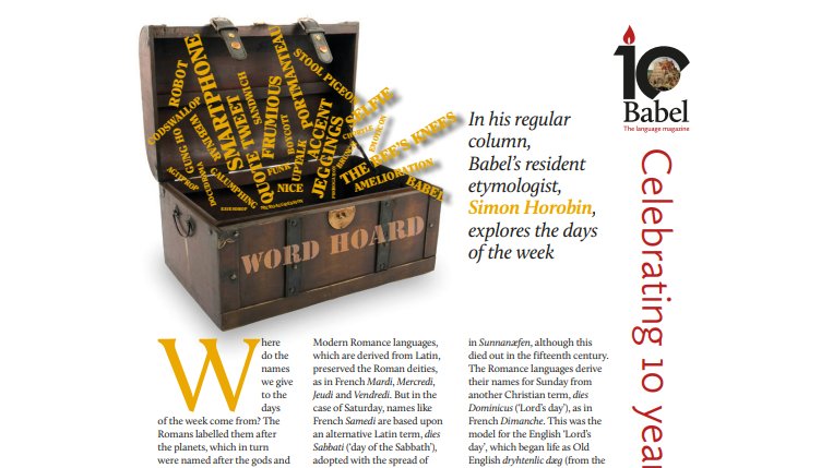 Babel: The Language Magazine (@babelzine) on Twitter photo 📆 Today is a slightly blue Monday here in England... but where does 'Monday' come from?
📖 Babel's resident etymologist <a href="/SCPHorobin/">Simon Horobin</a> looks at days of the week: babelzine.co.uk/wp-content/upl… 📆 Today is a slightly blue Monday here in England... but where does 'Monday' come from?
📖 Babel's resident etymologist <a href="/SCPHorobin/">Simon Horobin</a> looks at days of the week: babelzine.co.uk/wp-content/upl…