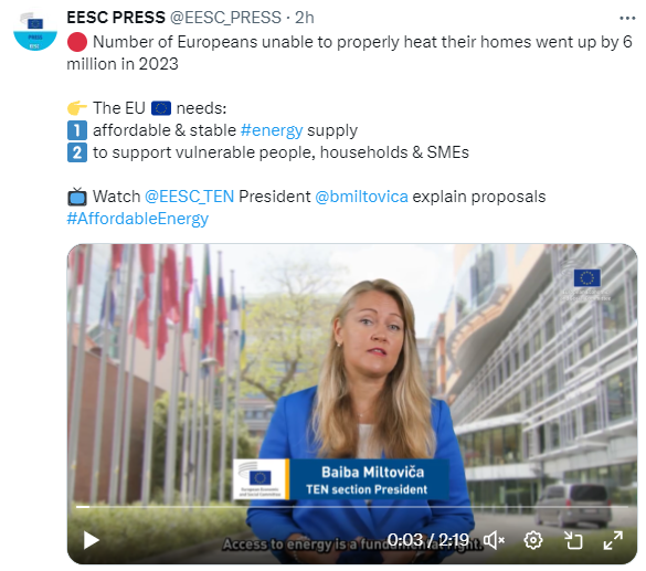 🔴 10.6% of Europeans, approx. 48 million people, were unable to keep their homes sufficiently warm in 2023

📡 EESC is pressing 🇪🇺 institutions &amp; Member States to fight #EnergyPoverty &amp; for #AffordableEnergy

🎤 State of play with <a href="/EESC_TEN/">EESC Energy, Transport & Digital  🇪🇺</a> <a href="/bmiltovica/">Baiba Miltovica</a> europa.eu/!NYdPhT