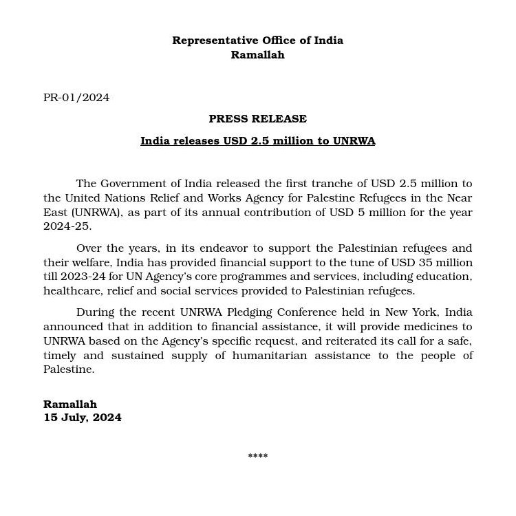 India Contribution to Palestine $ 5 Million