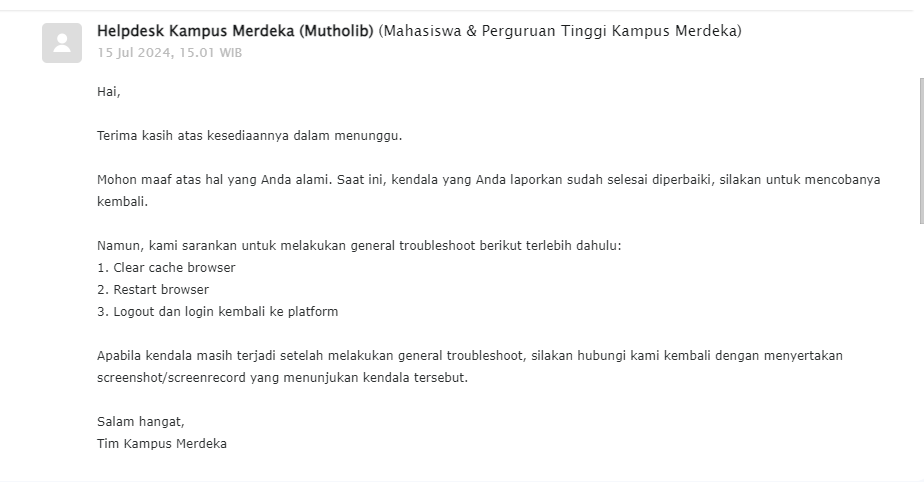 oxygen_hidrogen's tweet photo. @huhulopeyou aku juga tadi gitu kak, tapi sekarang udah normal lagi. emang websitenya lagi error aja kayanya. ini jawaban dari cs msib nya. https://t.co/sRuDb8dPQK