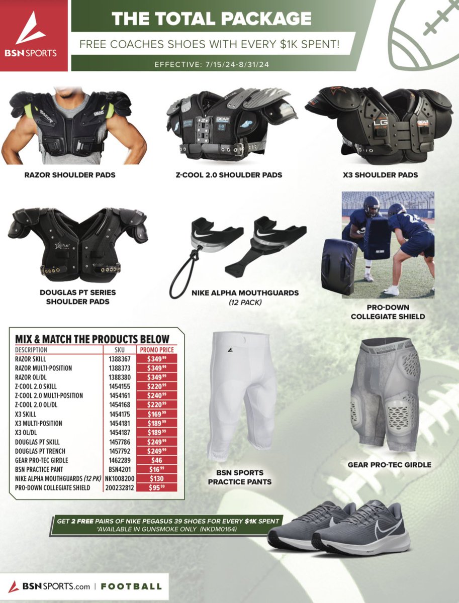 🚨🚨FREE NIKE PEGASUS🚨🚨

2 FREE Pairs for every $1k spent on the items below. 🏈 

Mix-n-match &amp; take advantage of the special now thru 8/31‼️