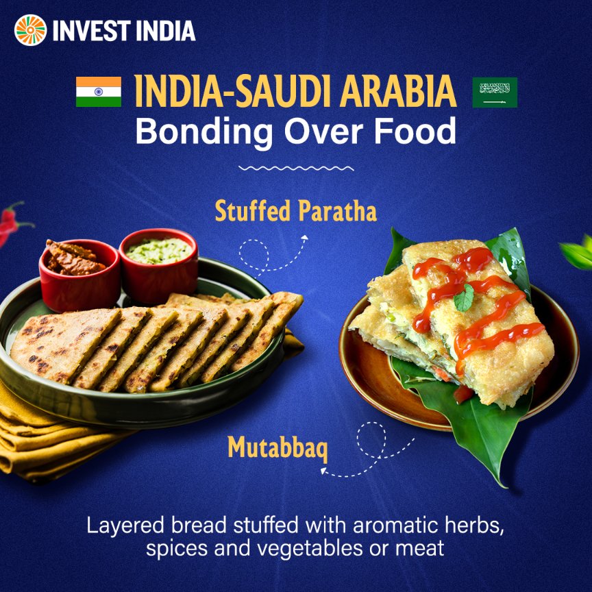 InvestIndiaGCC's tweet photo. Craving a crispy, flaky flatbread stuffed with deliciousness? Look no further than #mutabbaq & #paratha, close cousins from the world of savoury treats of #SaudiArabia and #India. 🫓
Know more about #IndiaSaudiRelations: https://t.co/0MH8lZmU0Y
#IndiaAndTheWorld #InvestInIndia https://t.co/IrXOFBZDUm