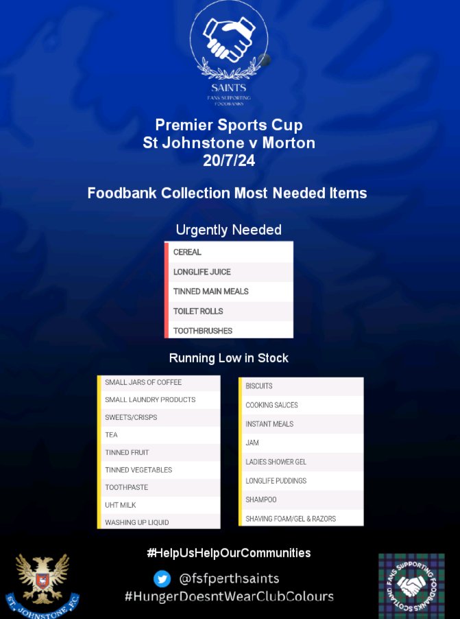 fsfperthsaints's tweet photo. @StJohnstone are back in action this Saturday for the Premier Sports Cup match v @Morton_FC which means we'll also be back in action collecting for @KinrossPerth Foodbank &amp; @Saints_Trust . See details 👇 
You can also drop off donations at the Club Shop
Please share. Thankyou https://t.co/1xbiku1eK0
