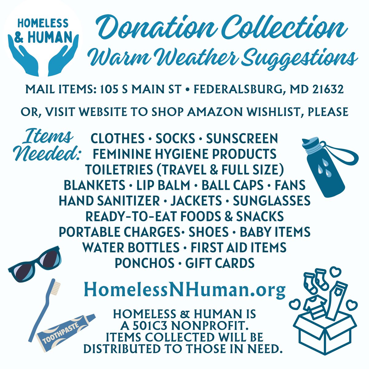 HomelessNHuman's tweet photo. Every act has an impact.

Items collected are distributed to people in need.

There are also many FREE ways to help.

https://t.co/fOSToFnaWS https://t.co/56jrUlO6Qi