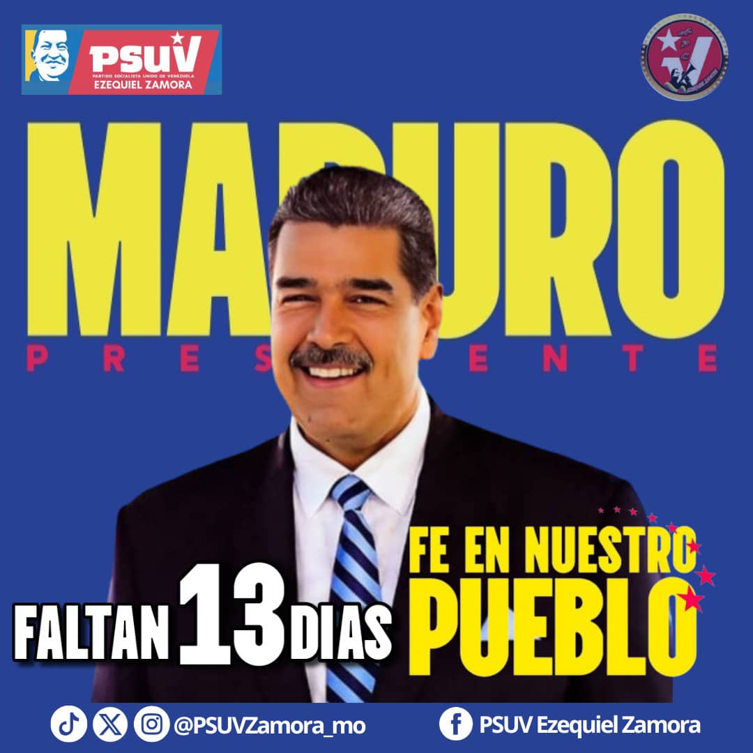 🟨🟦🟥🟨🟦🟥🟨🟦🟥
Aquí nuestro contador Zamorano!!!

A Solo 1️⃣3️⃣ días para la victoria contundente.

_Nicolás Maduro presidente_ 

*Psuvezamora_mo*
<a href="/NicolasMaduro/">Nicolás Maduro</a> 
<a href="/dcabellor/">Diosdado Cabello R</a> 
<a href="/jorgerpsuv/">Jorge Rodríguez</a> 
<a href="/ErnestoLunaPsuv/">Ernesto Luna G.</a> 
<a href="/Oscarcpsuv/">Oscarcpsuv</a> 
<a href="/PartidoPSUV/">PSUV</a> 
<a href="/psuvmonagas_ve/">𝗣𝗦𝗨𝗩 𝗠𝗢𝗡𝗔𝗚𝗔𝗦</a>