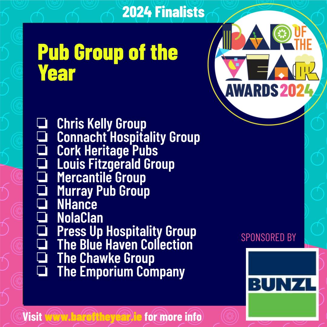 BarofTheYear (@baroftheyear) on Twitter photo The finalists for Pub Group of the year sponsored by <a href="/BunzlBML/">Bunzl McLaughlin</a> !
Click here to check out the full list of finalists baroftheyear.ie/2024/07/2024-f……
#BARAWARDS24
<a href="/ChrisKellyGroup/">The Chris Kelly Group</a>
<a href="/CorkPubs/">Cork Heritage Pubs</a>
<a href="/LFitzeraldGroup/">Louis Fitzgerald Group</a>
<a href="/MercantileGroup/">Mercantile Group</a>
<a href="/Bluehavenkinsal/">The Blue Haven Collection</a>
<a href="/ChawkePubGroup1/">THE CHAWKE GROUP</a> The finalists for Pub Group of the year sponsored by <a href="/BunzlBML/">Bunzl McLaughlin</a> !
Click here to check out the full list of finalists baroftheyear.ie/2024/07/2024-f……
#BARAWARDS24
<a href="/ChrisKellyGroup/">The Chris Kelly Group</a>
<a href="/CorkPubs/">Cork Heritage Pubs</a>
<a href="/LFitzeraldGroup/">Louis Fitzgerald Group</a>
<a href="/MercantileGroup/">Mercantile Group</a>
<a href="/Bluehavenkinsal/">The Blue Haven Collection</a>
<a href="/ChawkePubGroup1/">THE CHAWKE GROUP</a>