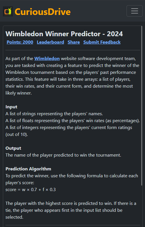curious_drive's tweet photo. Predict the Wimbledon winner! Develop a program using player names,  win rates, and form ratings to determine the most likely champion.

https://t.co/r67Bmdi33n

@Wimbledon #Wimbledon #tennis #programmer #coding #challenge https://t.co/YzaowtTZL9