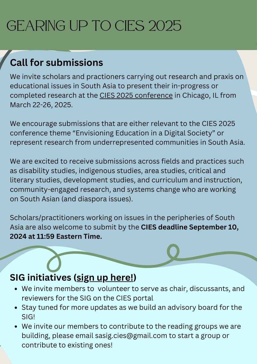 Submit to the South Asia SIG: the submission portal for CIES 2025 is now open! Our new leadership team is excited to receive your submissions. We also have some new ideas brewing! Register your interest in participating here: forms.gle/6et6RuG6v2v4iN…