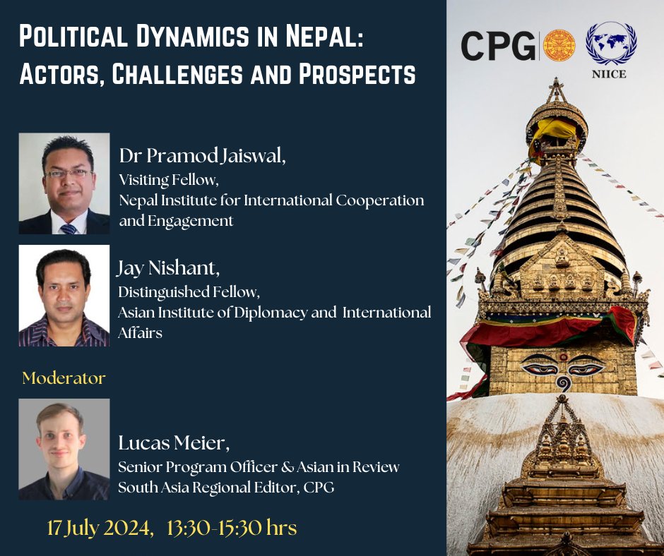 contactniice's tweet image. Join us for an engaging on &quot;#PoliticalDynamics in Nepal – Actors, Challenges, and Prospects&quot; 🌏

🗓️ 17 July 2024
🕒 13:30-15:30 hrs
💻 ZOOM Meetings

Speakers: Dr. Pramod Jaiswal, Jay Nishant

Moderator: Lucas Meier

Register now: forms.gle/EsgwWRFXgqUGxk…

 #NIICEEvents