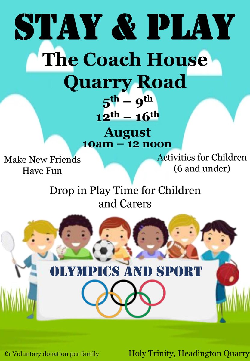 Holy Trinity Church is holding ten drop-in Stay &amp; Play sessions for children under 6 and their carers at the Coach House in Quarry Road in weeks beginning 5 and 12 August 2024, 10am to 12 noon