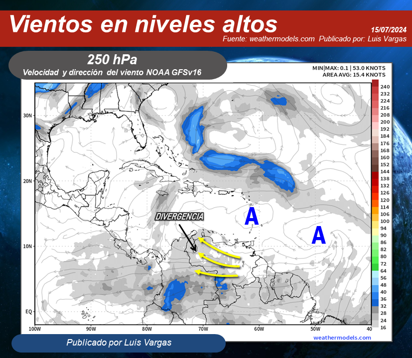 #15Jul Se esperan lluvias moderadas a fuertes en áreas de la región Guayana, Nororiental, Llanos Centrales y en Apure, producto del patrón de vientos y humedad modulados por una vaguada que se aproxima al país, situación reforzada además por la divergencia del viento en altura.