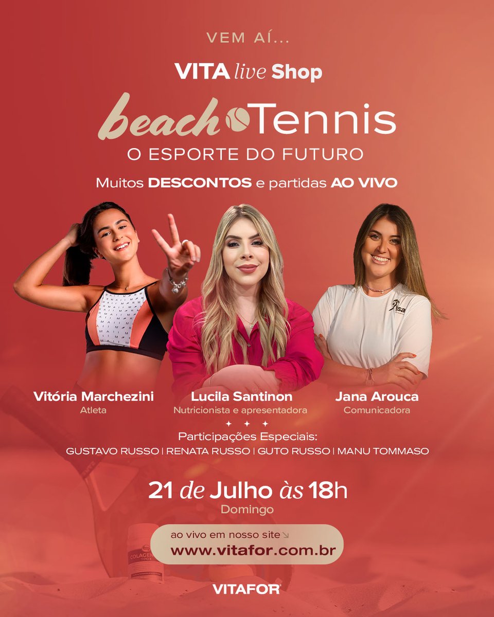 O beach tennis é, com certeza, uma modalidade que chegou para ficar!

Se você quer saber mais sobre esse universo e, é claro, garantir MUITOS DESCONTOS para melhorar a sua performance nos exercícios físicos, acompanhe a nossa live do dia 21! Às 18h, no site da VITAFOR, não perca!