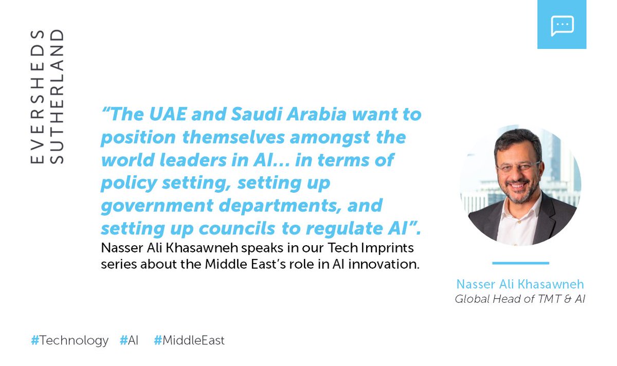 📺 Watch now: watch.eversheds-sutherland.com/tech-imprints-…. In our recently launched episode of Tech Imprints, Global Head of TMT &amp; AI <a href="/Nasserak/">Nasser Ali Khasawneh</a>, in conversation with Managing Partner of Abu Dhabi, Geraldine Ahern, shares his insights on the #MiddleEast’s pioneering role in #AI innovation #Technology