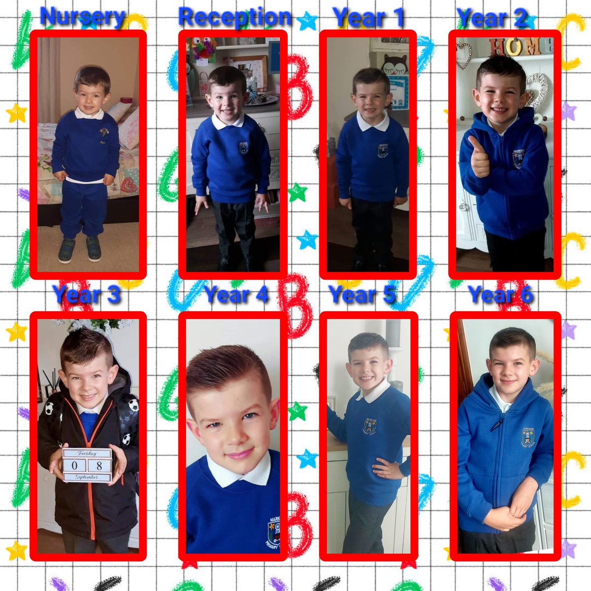 Donna80Williams's tweet photo. QW's first day in September for every school year from Nursery through to year 6. 
How is he now at the start of his last week at Markham Primary 💙😢😢😢@MarkhamHead @MarkhamPrimary  @markhamyear6 
@MrsMarlowMPS https://t.co/4ZQezOu7Hn