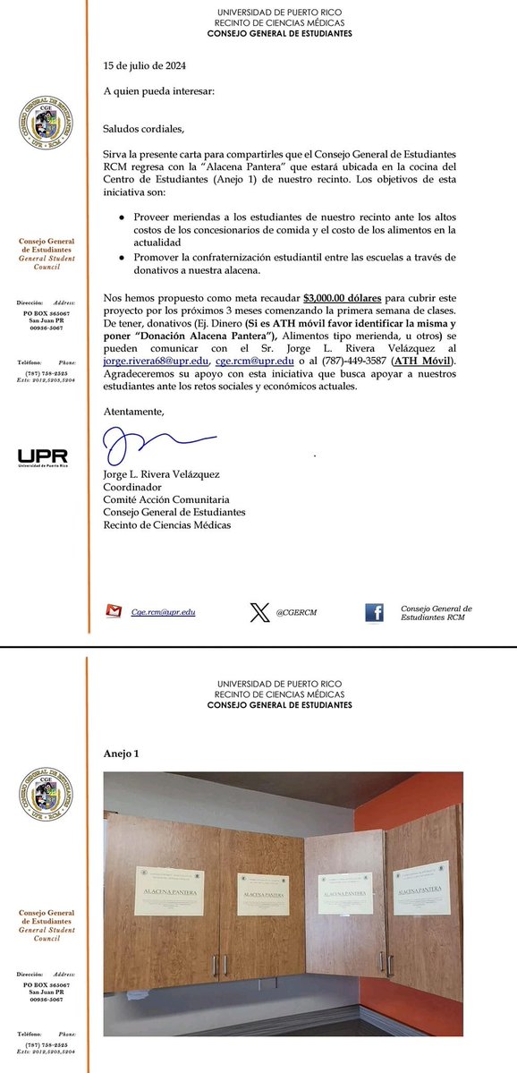 Bd, el <a href="/CGERCM/">CGE RCM</a> comienza esta semana el recogido de donativos para el proyecto Alacena Pantera. Nuestra meta es recaudar $3,000.00 dólares Agradeceremos compartan y si pueden hagan su donativo <a href="/ricky_martin/">Ricky Martin</a> <a href="/jayfonsecapr/">Jay Fonseca</a> <a href="/adamonzon/">Ada Monzón</a> <a href="/rcmupr/">Recinto de Ciencias Médicas UPR</a> <a href="/UPR_Oficial/">UPR</a> <a href="/radioupr/">Cadena Radio Universidad de Puerto Rico</a> <a href="/noticel/">NotiCel</a> <a href="/NotiUno/">NotiUno 630</a>