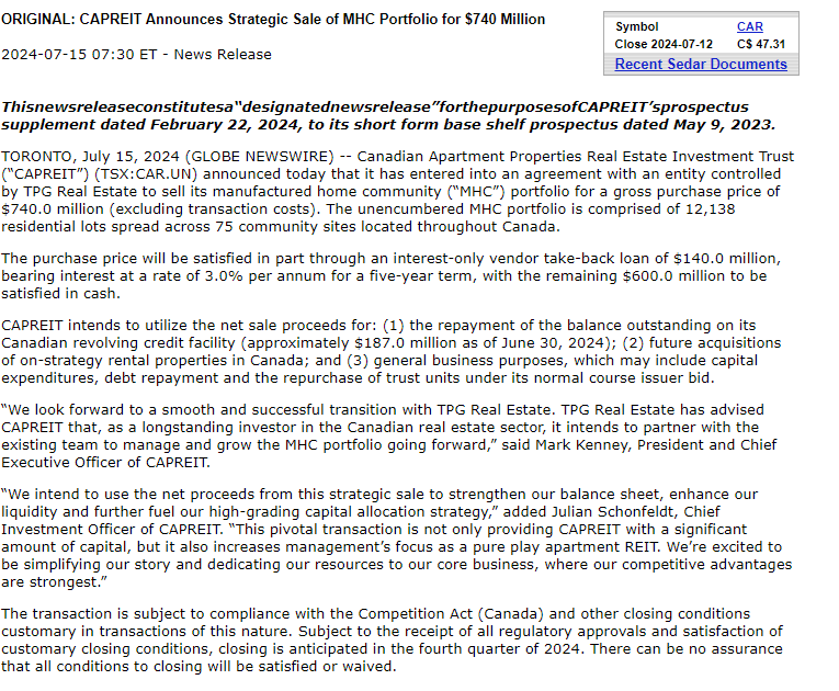 tsxman's tweet photo. $CAR.UN #CAPREIT #REIT announces sale of Canadian manufactured home community portfolio for $740 million to US-based TPG Real Estate. https://t.co/HXg3gpRbYt