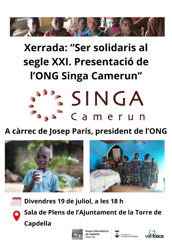 Divendres 19 de juliol a les 18 h, el president de l’ONG Singa Camerun, <a href="/JosepParis/">Josep París Giménez</a> ens explicarà els projectes de cooperació i com podem col•laborar per un món més solidari.

 <a href="/visitvallfosca/">Turisme Vall Fosca</a> @turismejussa @geoparcorigens @mnactec <a href="/xmtlla/">Xarxa de Museus de les Terres de Lleida i Aran</a> <a href="/PirineuMuseus/">Xarxa Museus Pirineu</a>
