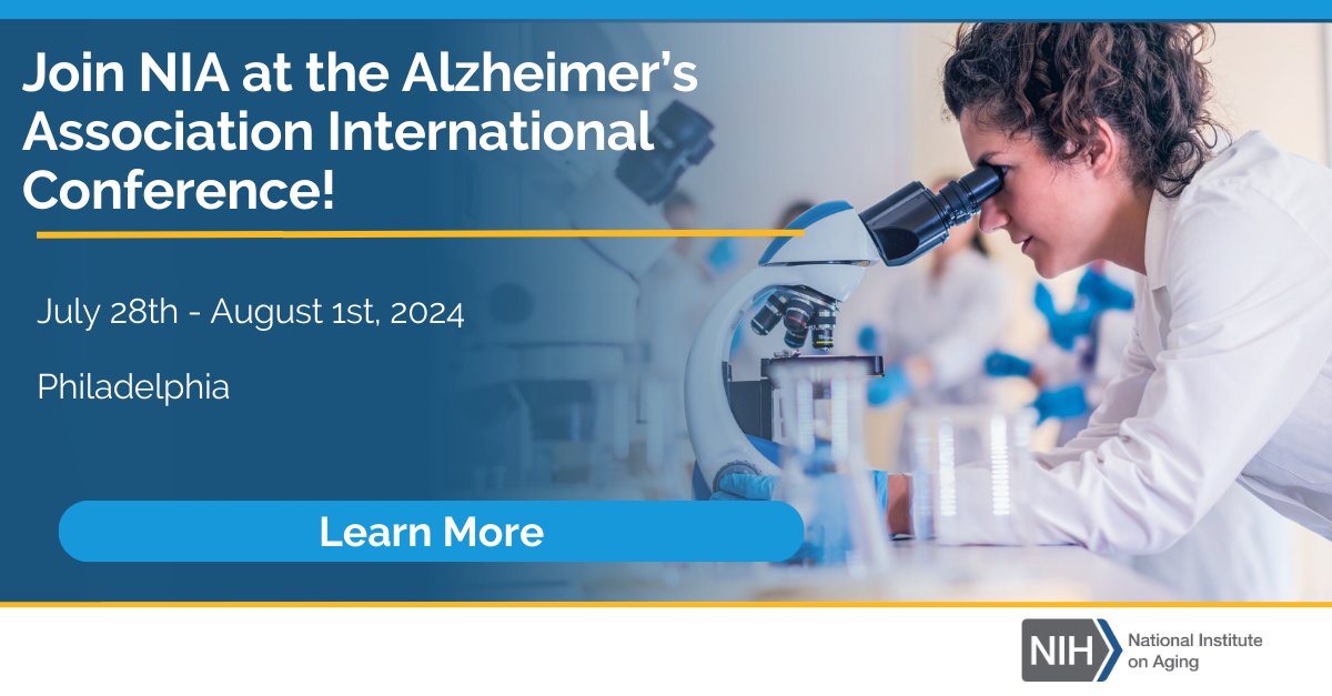 NIHAging's tweet photo. Join NIA at #AAIC24! Attend workshops, sessions, and posters featuring NIA staff and connect with our team at booth #1329 throughout the conference. 

https://t.co/5OLiw0d93R 

@alzassociations https://t.co/oGbrexJL8b
