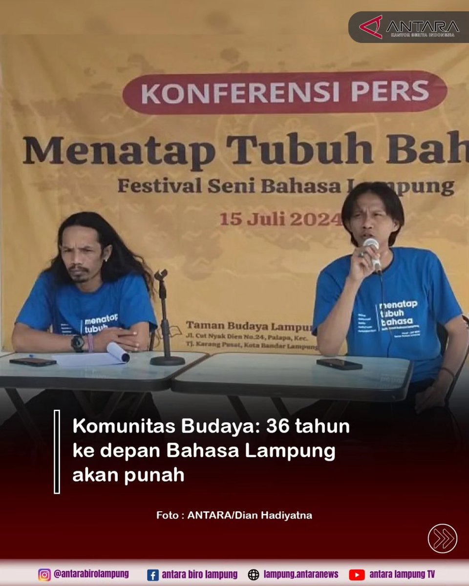 Komunitas Berkat Yakin (Kober) Lampung yang bergerak dalam seni dan budaya mengatakan dalam 36 tahun ke depan Bahasa Ibu di provinsi ini mengalami kepunahan.

Sumber Berita : lampung.antaranews.com/berita/733998/…
