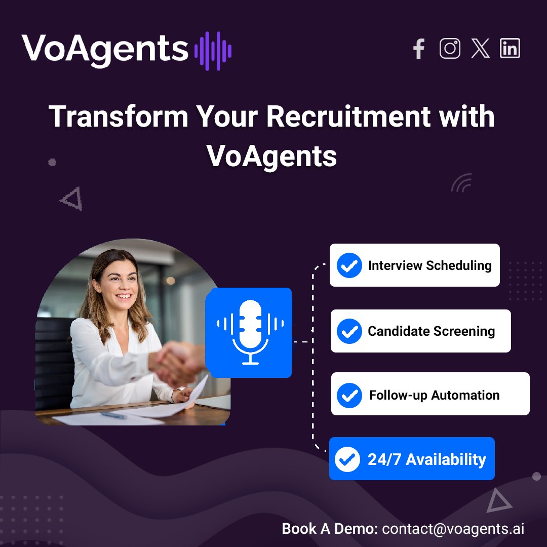 VoAgents (@voagents) on Twitter photo Struggling with #recruitment challenges? Let #VoAgents transform your #hiring!
- Reduce errors
- Boost candidate engagement
- Save time & ensure efficiency
Say "Hi" to simplified hiring! Contact us at contact@voagents.ai to book a demo.
#AIRecruitment #VoiceAssistant #AI #tech Struggling with #recruitment challenges? Let #VoAgents transform your #hiring!
- Reduce errors
- Boost candidate engagement
- Save time & ensure efficiency
Say "Hi" to simplified hiring! Contact us at contact@voagents.ai to book a demo.
#AIRecruitment #VoiceAssistant #AI #tech