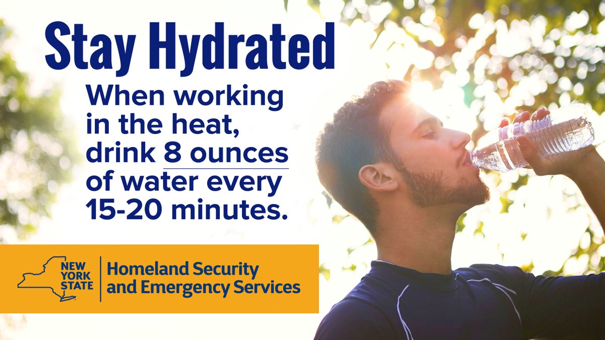 NYSDHSES's tweet photo. It’s going to be a hot one this week! Stay safe by following these simple heat safety tips: 

☀️ Check the forecast
🥤 When working in the heat drink 24-32 oz of water an hour
🌳 Limit your time outdoors
🧢 Wear light clothing &amp; sunscreen
🌡️ Learn more: https://t.co/R7QCuBGUeM https://t.co/2DIODdQKqJ
