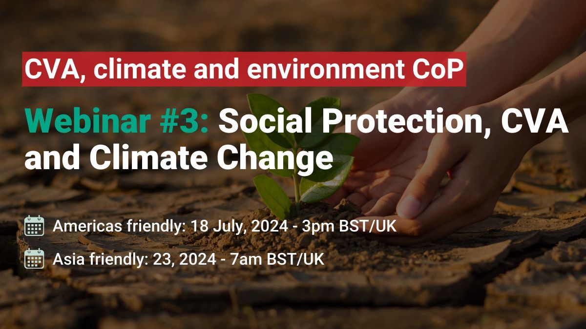 CALP Network (@calpnetwork) on Twitter photo Want to explore the relationships between climate change, CVA & social protection?
Join our next webinar where we discuss climate challenges & how social protection is crucial for a green transition. 
📅Americas-friendly: 18 JUL
📅Asia-friendly: 23 JUL
calp.net/3zD7yTL Want to explore the relationships between climate change, CVA & social protection?
Join our next webinar where we discuss climate challenges & how social protection is crucial for a green transition. 
📅Americas-friendly: 18 JUL
📅Asia-friendly: 23 JUL
calp.net/3zD7yTL