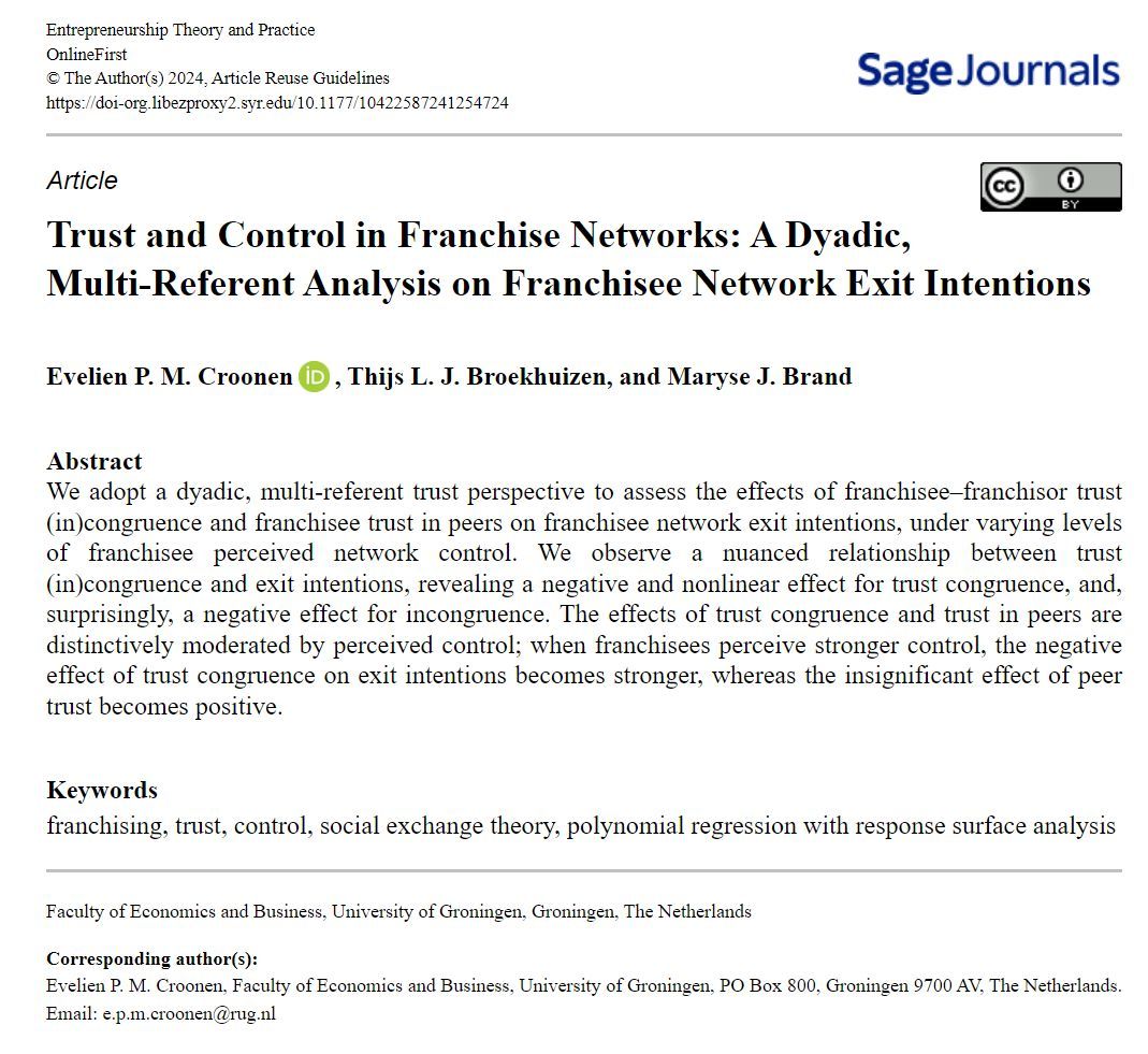 ETPjournal's tweet image. New work delves into trust within franchise networks, examining how trust perspectives intersect with network control strategies. The focus is on understanding franchisee turnover and proposing a reevaluation of monitoring practices in franchise systems journals.sagepub.com/doi/10.1177/10…