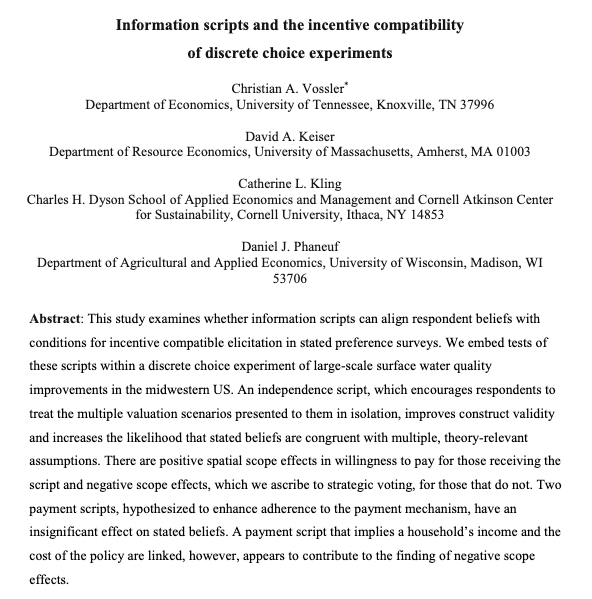 📄 Just accepted 📄 in <a href="/JaereAere/">JAERE</a>:

"Information scripts and the incentive compatibility of discrete choice experiments" by Christian A. Vossler, <a href="/DavidKeiserEcon/">Dave Keiser</a>, <a href="/ckling19/">Cathy Kling</a>, and <a href="/DanielPhaneuf3/">Daniel Phaneuf</a>

Read it here: journals.uchicago.edu/doi/10.1086/73…