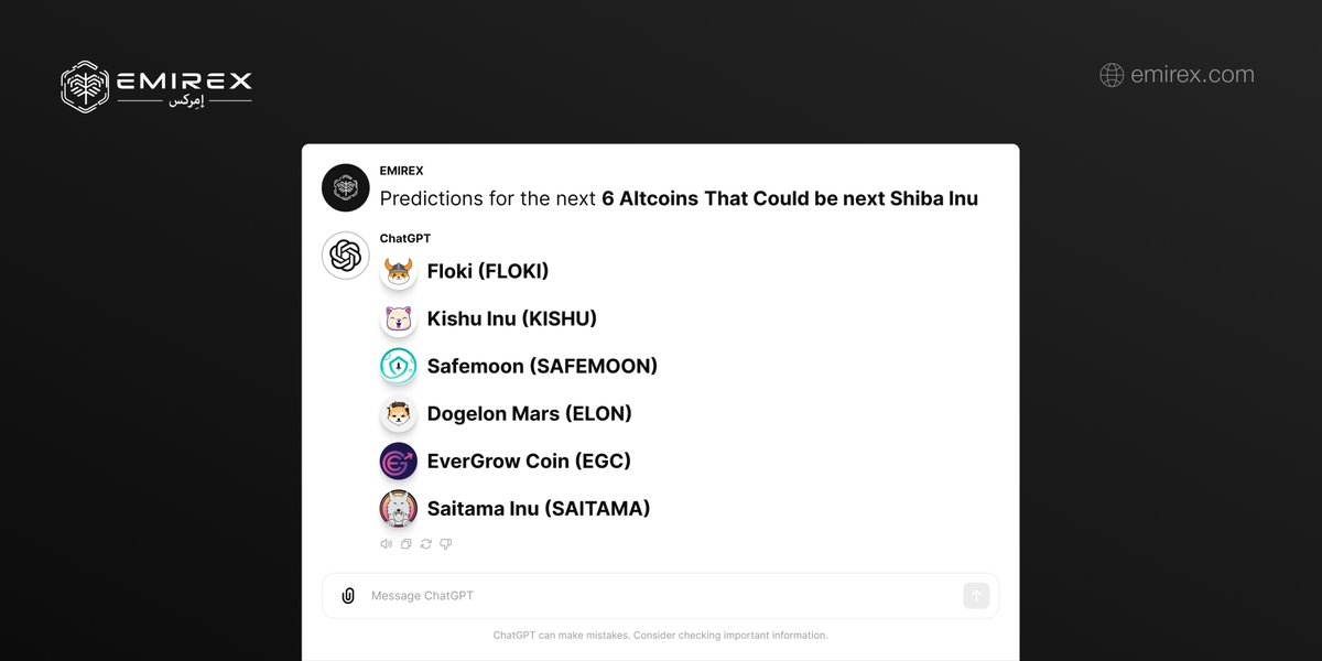 EMIREX_OFFICIAL's tweet image. Looking for the next big thing in altcoins? Here are ChatGPT's top predictions for 2024!✨

These altcoins have the potential to make waves in the crypto market! Stay ahead of the curve and keep an eye on these rising stars.🌟

#ShibaInu #Floki #KishuInu #Safemoon #DogelonMars