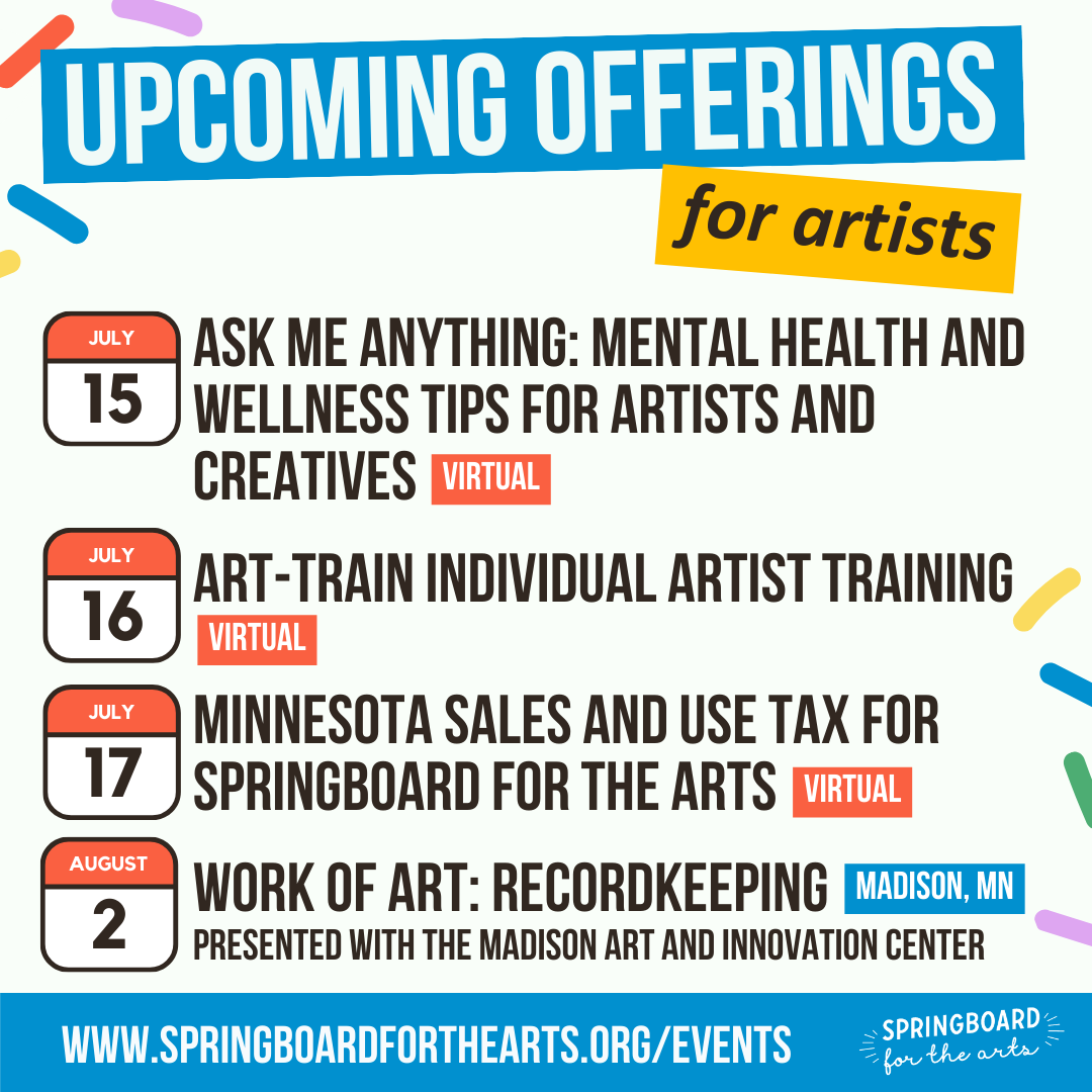 SpringboardArts's tweet image. Don’t miss today’s “Ask Me Anything” conversation about mental health and wellness for artists and creatives!
View all upcoming trainings, workshops, and events for artists and organizations: springboardforthearts.org/events/