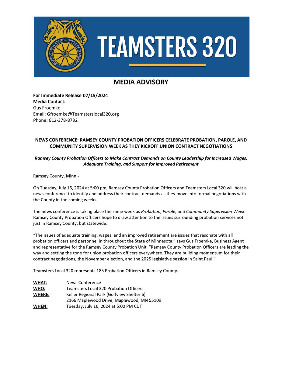 Media Advisory bit.ly/4cRlpV0 News Conference: Ramsey Co. Probation Officers celebrate Probation, Parole, and Community Supervision Week as they kickoff union contract negotiations <a href="/PioneerPress/">Pioneer Press</a> <a href="/wccoradio/">News Talk 830 WCCO</a> <a href="/WCCO/">WCCO | CBS News Minnesota</a> <a href="/FOX9/">FOX 9</a> <a href="/kare11/">KARE 11</a> <a href="/KSTP/">KSTP</a> @workdaymn <a href="/maxnesterak/">Max Nesterak</a> <a href="/MaraGottfried/">Mara Gottfried</a>