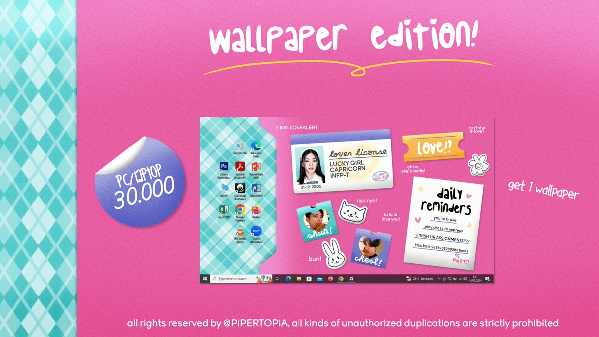 _giselle's tweet image. ﹑〹  ( •ө• ) — { help rt pls ? tia! } 

heyya quacklets! piper akan open wallpaper untuk HP, tablet dan PC with very limited slots! for the full information, boleh checkie tweet dibawah ya!

📆 : 16-07-2024
⏰ : 19.3O WIB
❓ : war via DM

#zonauang #zonajajan