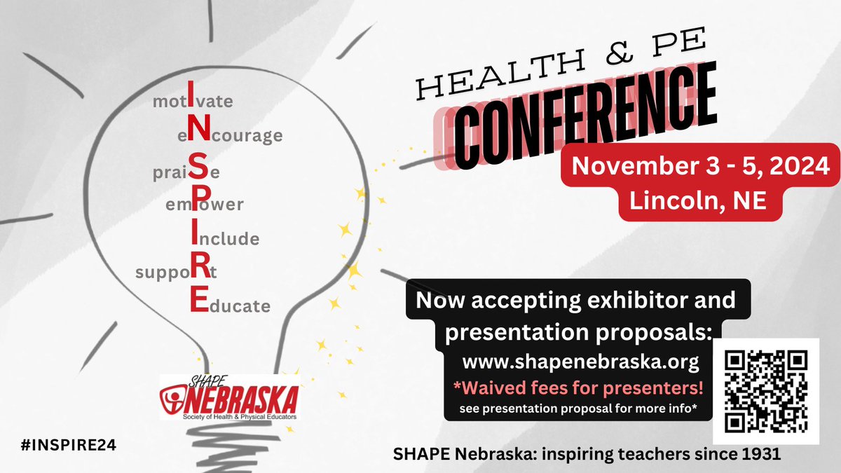 SHAPENebraska's tweet photo. Top quality conference coming your way- now accepting presentation proposals! https://t.co/QWd4po9ogB
#physed #healthed #Inspire24 #ShapeNE https://t.co/sa4kSIdS6E