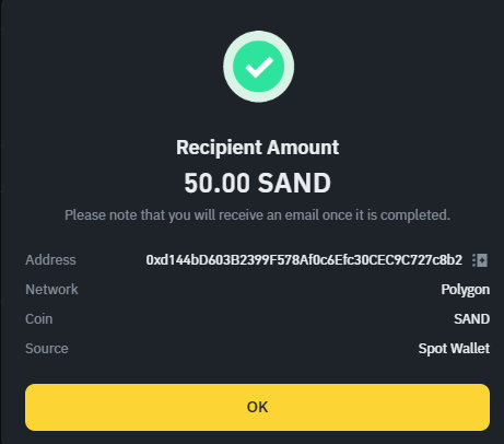 BeyondVox's tweet photo. Completed giving 50 SAND to all winners of the Cooking Clash contest

@pcwSg
@thessaenman
@Alihr23
@hayeram777
@boobfull
@Dem4Miguel
@TheFashul 
@Vodact
@Juuumla
@SSDsgnWrks
@TRobdeal
@Robbie7x
@gabyanden1 
@Leo_ElBolson

Please check your Wallet and confirm in the comments section
#TSBBuildersChallenge @TheSandboxGame  @TSBCreators