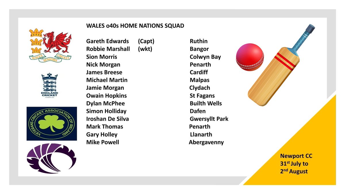 Wales Over 40s Cricket (@walesover40s) on Twitter photo From 31st July to 2nd August, we look forward to hosting <a href="/Eng40sCricket/">England Over 40s Cricket</a>, <a href="/VetCricketIre/">Veterans Cricket Association of Ireland</a> and <a href="/CricketScotland/">Cricket Scotland</a> Over40s in a quadrangular tournament to be held at <a href="/NewportCricketC/">Newport Cricket Club</a>.
Congratulations and pob lwc to all selected for this inaugural competition. ๐ด๓ ง๓ ข๓ ท๓ ฌ๓ ณ๓ ฟ๐ From 31st July to 2nd August, we look forward to hosting <a href="/Eng40sCricket/">England Over 40s Cricket</a>, <a href="/VetCricketIre/">Veterans Cricket Association of Ireland</a> and <a href="/CricketScotland/">Cricket Scotland</a> Over40s in a quadrangular tournament to be held at <a href="/NewportCricketC/">Newport Cricket Club</a>.
Congratulations and pob lwc to all selected for this inaugural competition. ๐ด๓ ง๓ ข๓ ท๓ ฌ๓ ณ๓ ฟ๐