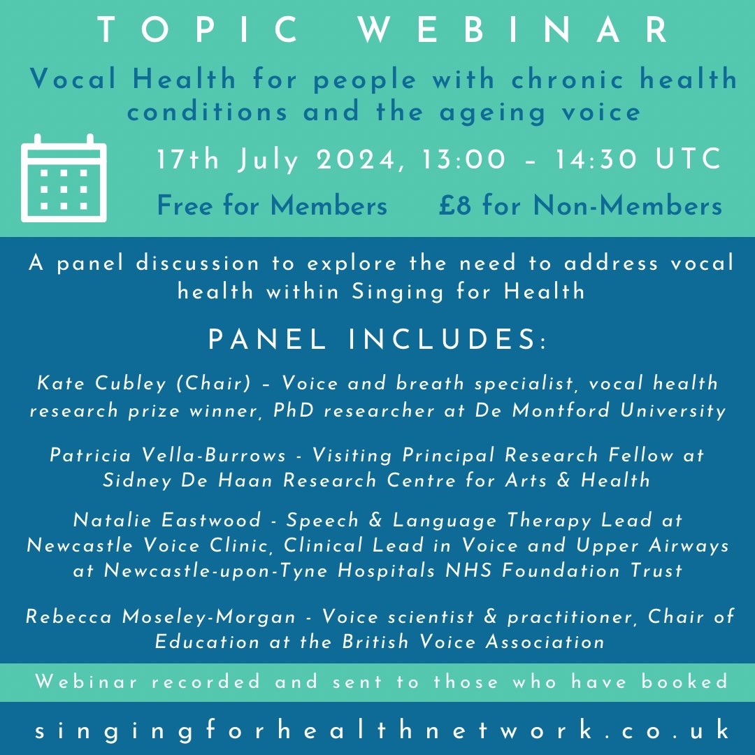 Final shout-out for our Webinar, this Wednesday 17th July 13.00 - 14.30 UTC

Join us for just £8 or if you are a member attendance is absolutely free… a recording will be sent out to all who sign up.

To book your place click the link below:

singingforhealthnetwork.co.uk/event-details/…