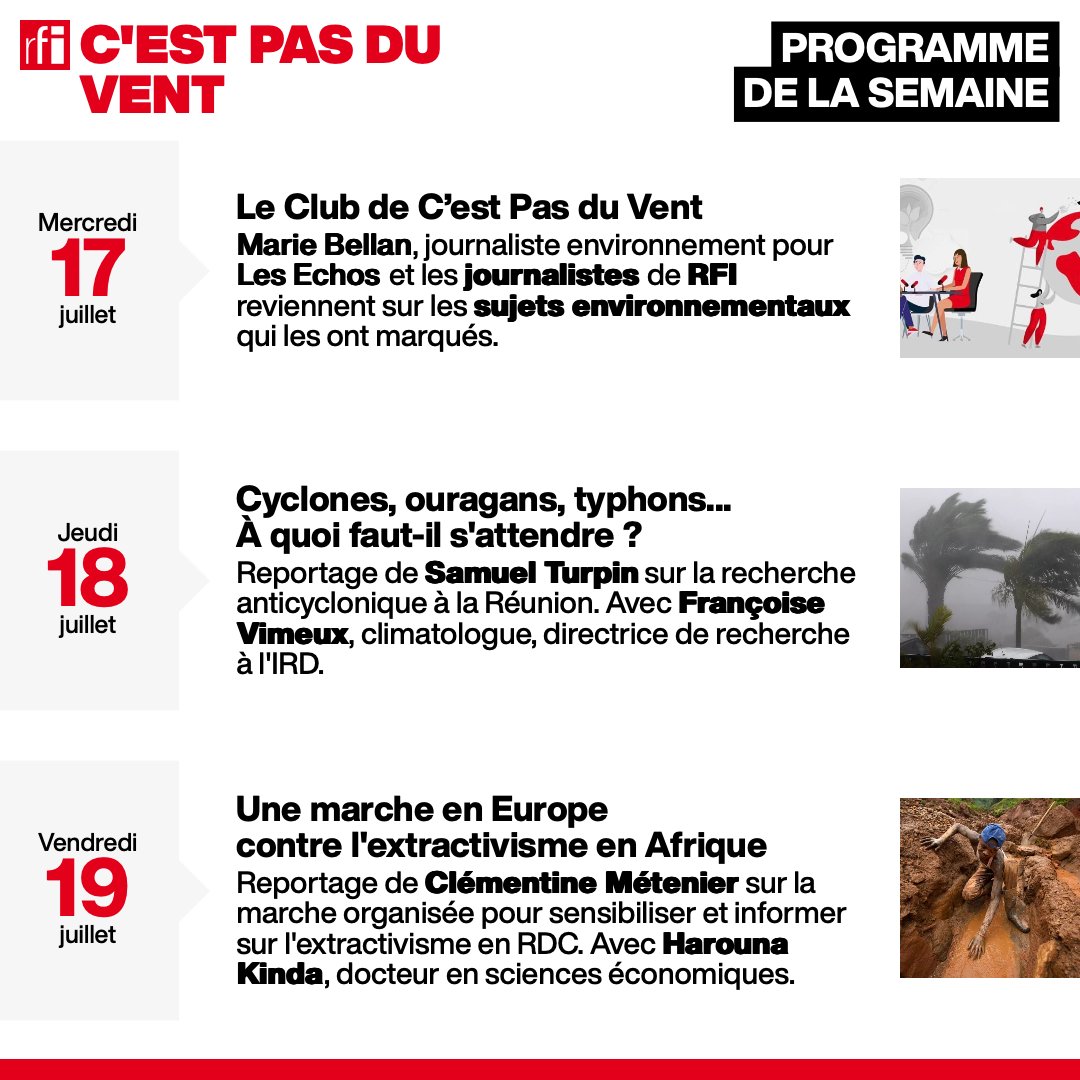 👉 Voici le programme de nos émissions de la semaine 🌍🌿
📻 Rendez-vous du mercredi au vendredi à 14h10 TU, 16h10 heure de Paris sur <a href="/RFI/">RFI</a>
Ces sujets vous inspirent ? Posez-vos questions à nos invités ! #environnement #écologie #climat